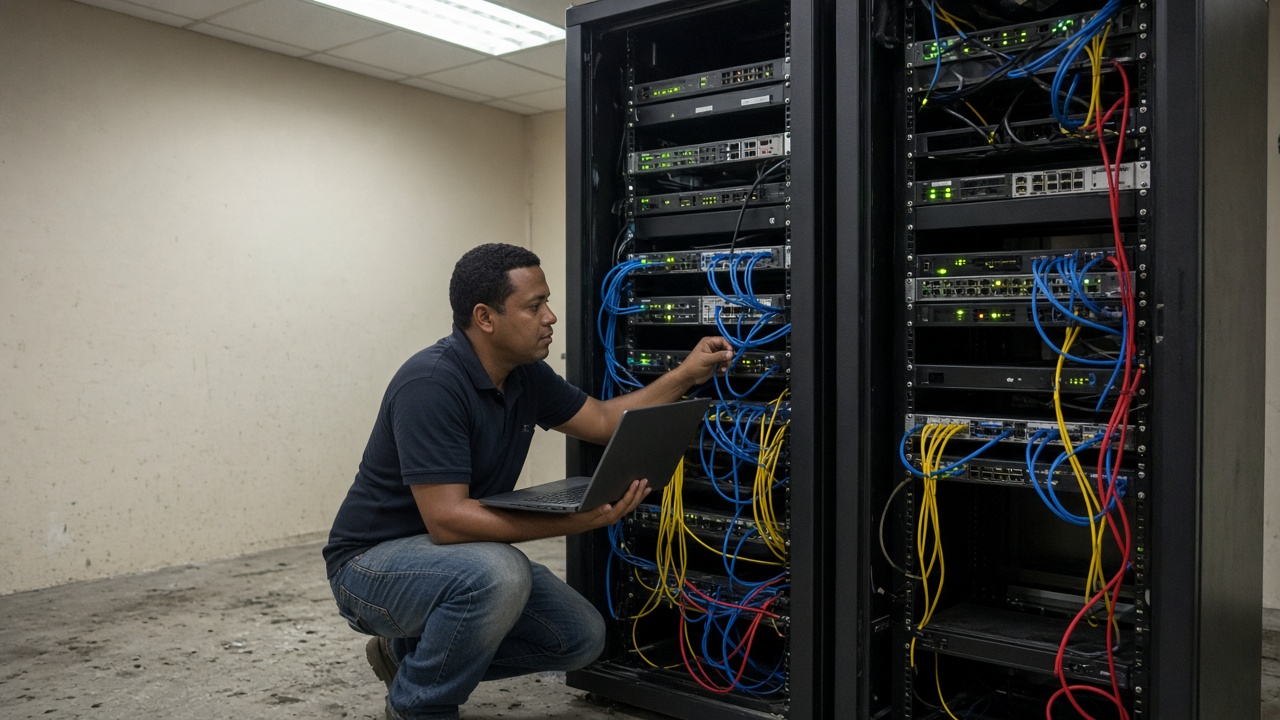 Técnico trabajando en racks de servidores